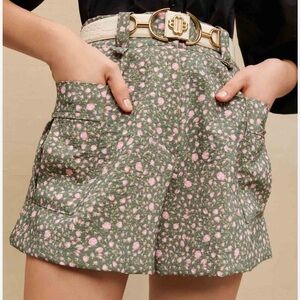 MAJE Rosebud print shorts green pink pockets floral roses Sz 40 US L NEW